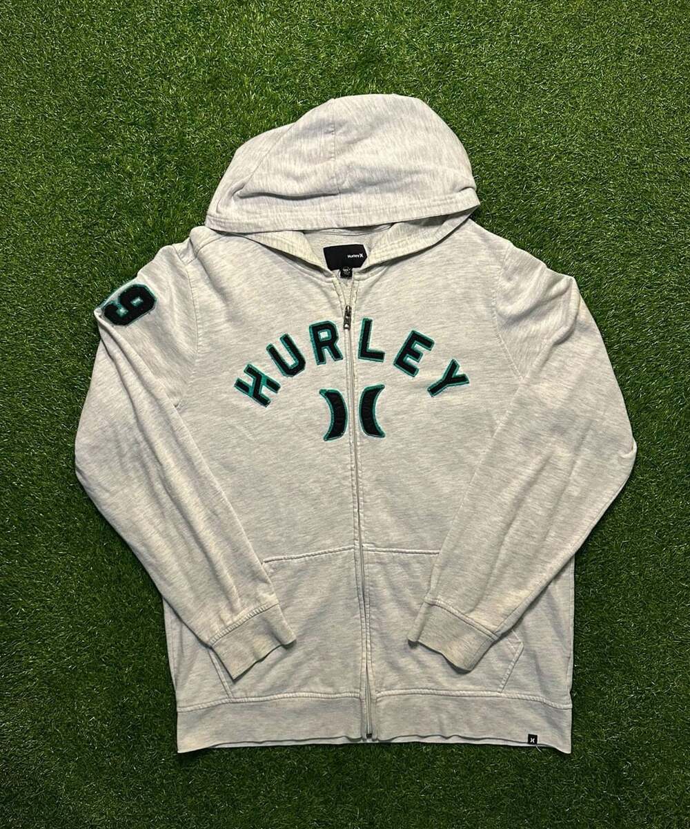 Y2K 2000s Hurley Full Zip Hoodie Sweatshirt Grey Logo
